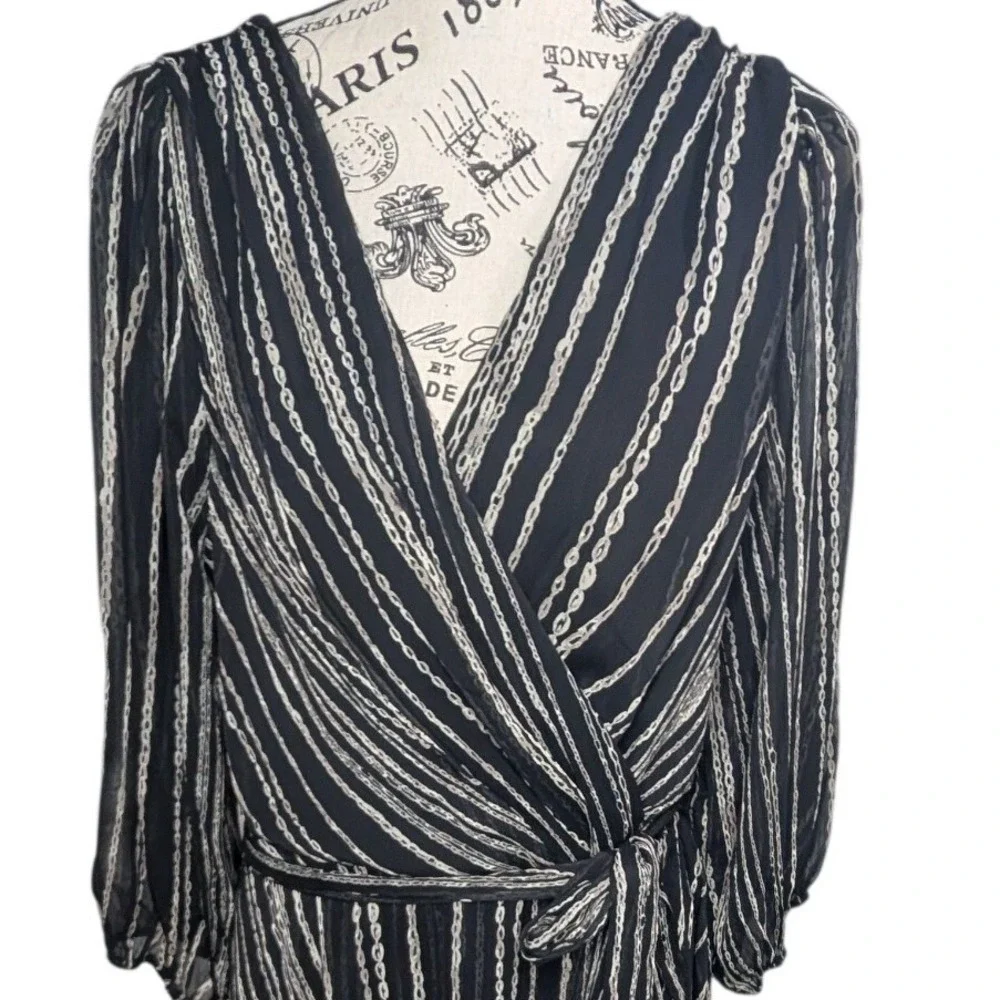 DKNY Womens Faux Wrap‎ Midi Dress Black Gray Chain Link Stripe Size 14 V-Neck